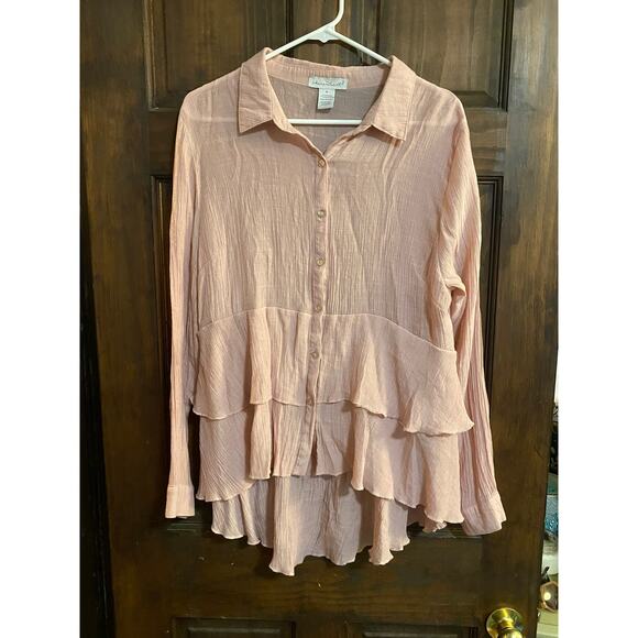 Keren Hart Blouse Pink XL Button Front Gauzy Ruffles Rayon Poly Blend - Picture 5 of 7